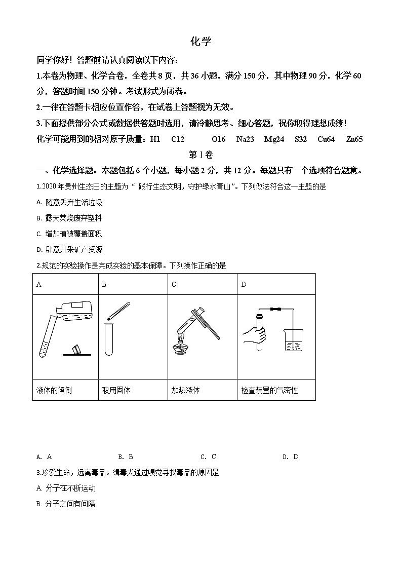 初中化学中考复习 精品解析：贵州省贵阳市2020年中考化学试题（原卷版）01