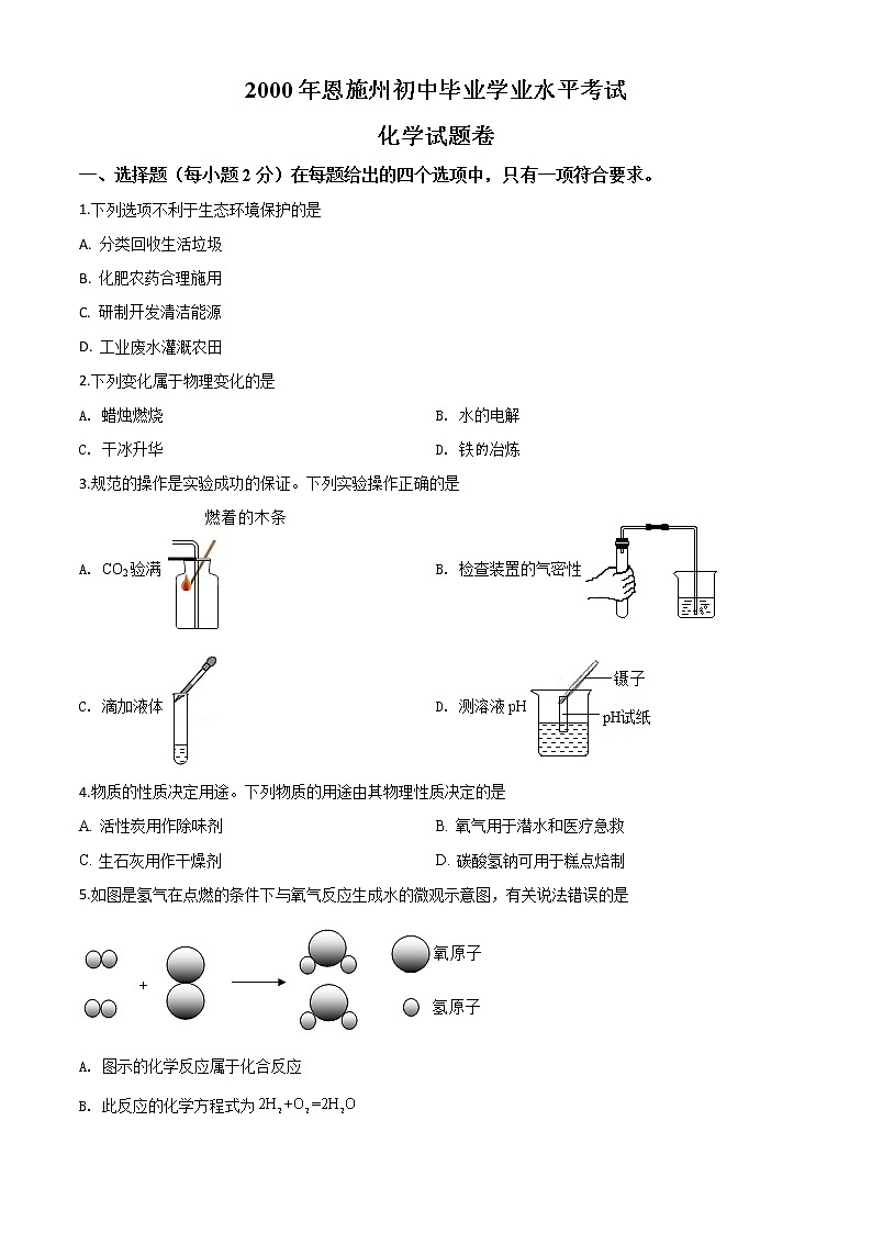 初中化学中考复习 精品解析：湖北省恩施州2020年中考化学试题（原卷版）01