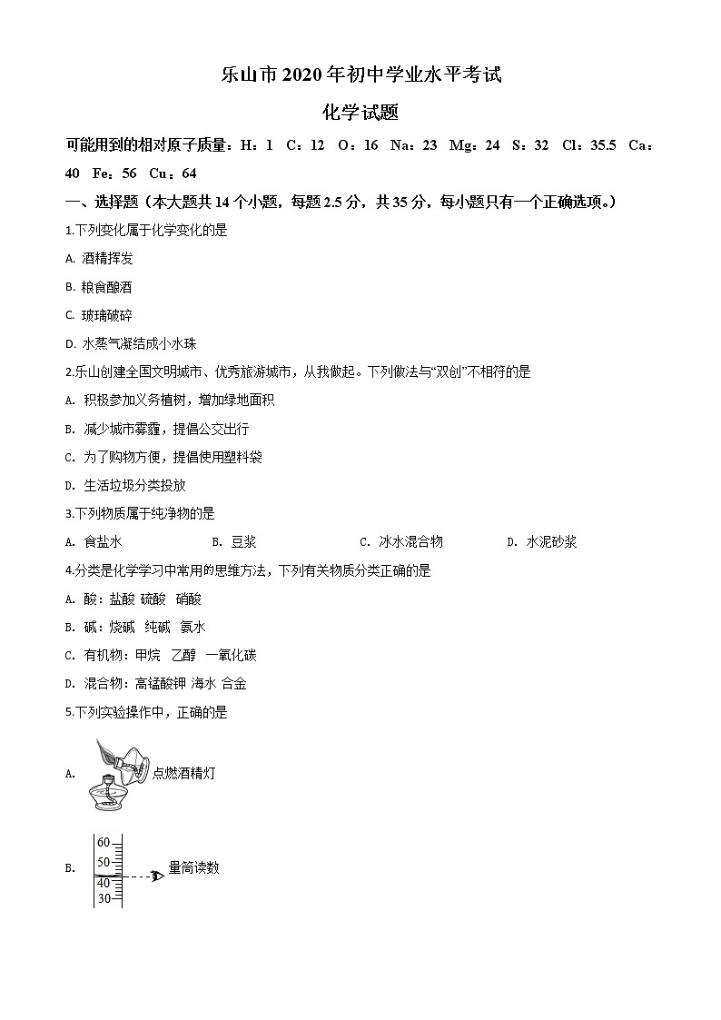 初中化学中考复习 精品解析：四川省乐山市2020年中考化学试题（原卷版）第1页