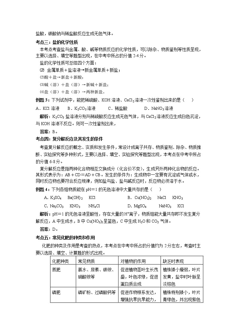 初中化学中考复习 第一轮复习：2020年第一轮复习：第十一单元《盐和化肥》考点评析第2页