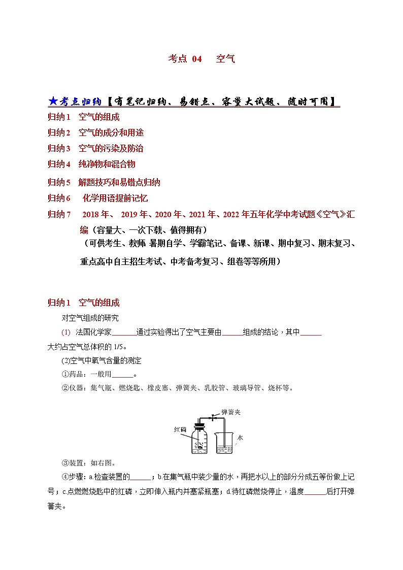 初中化学中考复习 考点 04 空气  （学生版）第1页