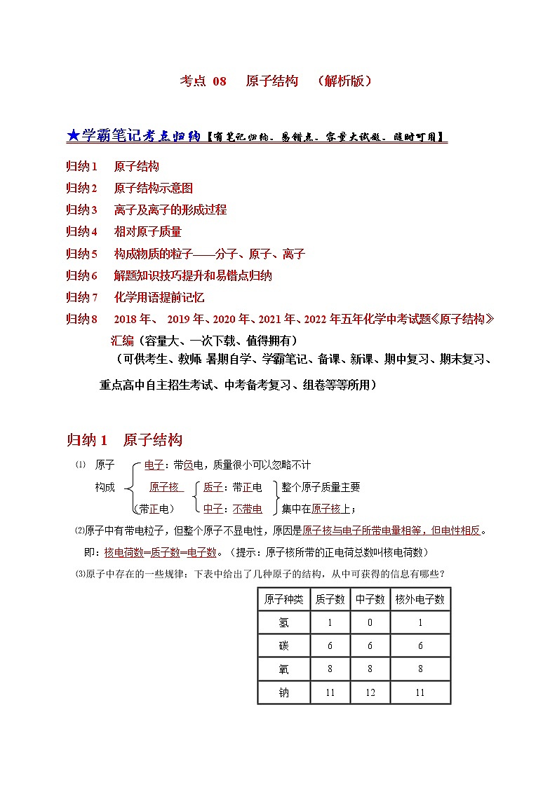 初中化学中考复习 考点 08 原子结构（解析版）第1页