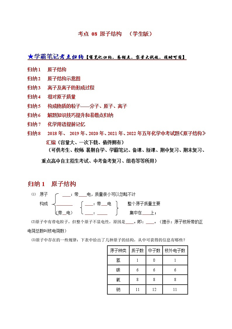 初中化学中考复习 考点 08 原子结构（学生版）第1页