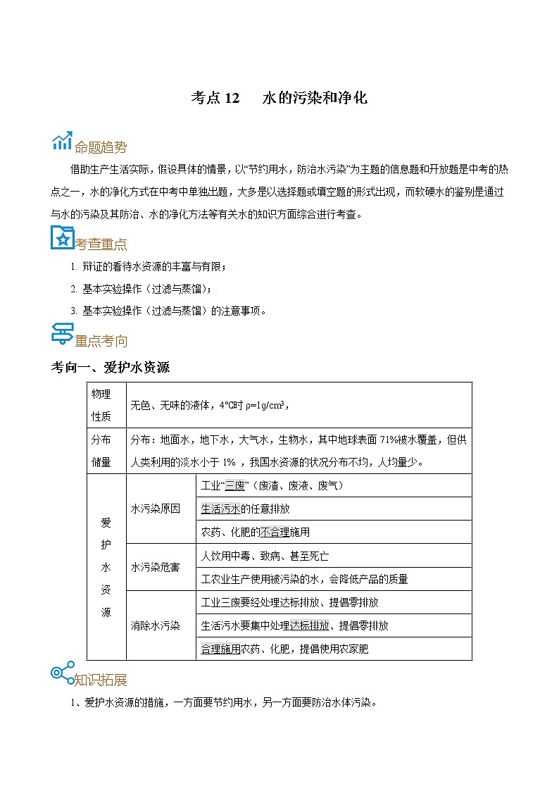 初中化学中考复习 考点12  水的污染和净化-备战2022年中考化学一轮复习考点帮（解析版）第1页