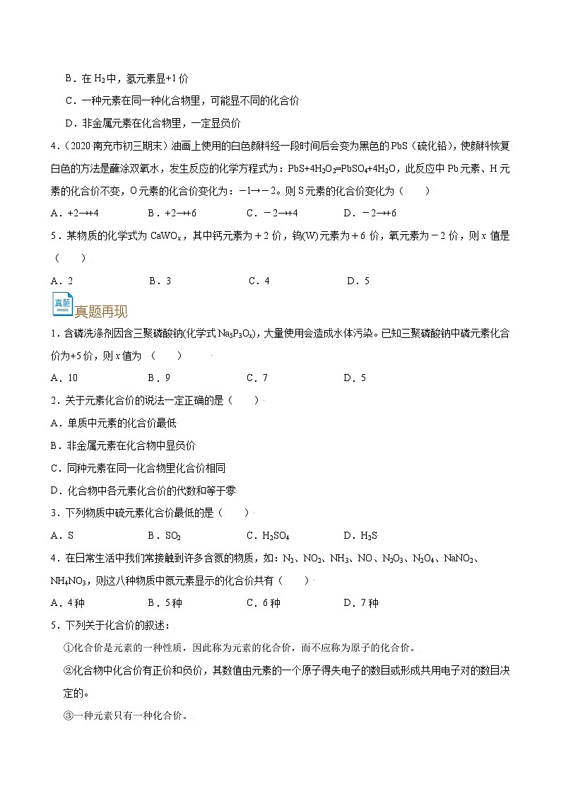 初中化学中考复习 考点15  化合价-备战2022年中考化学一轮复习考点帮（原卷版）03