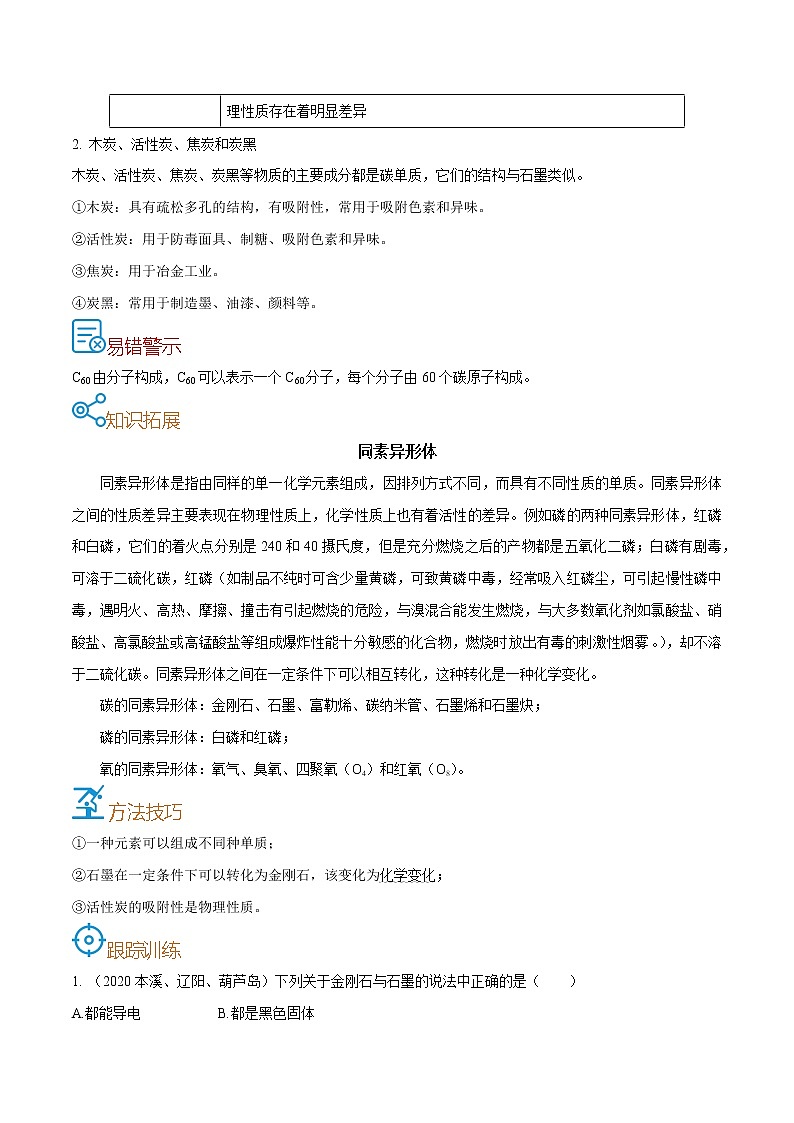 初中化学中考复习 考点19  碳的几种单质-备战2022年中考化学一轮复习考点帮（原卷版）第2页