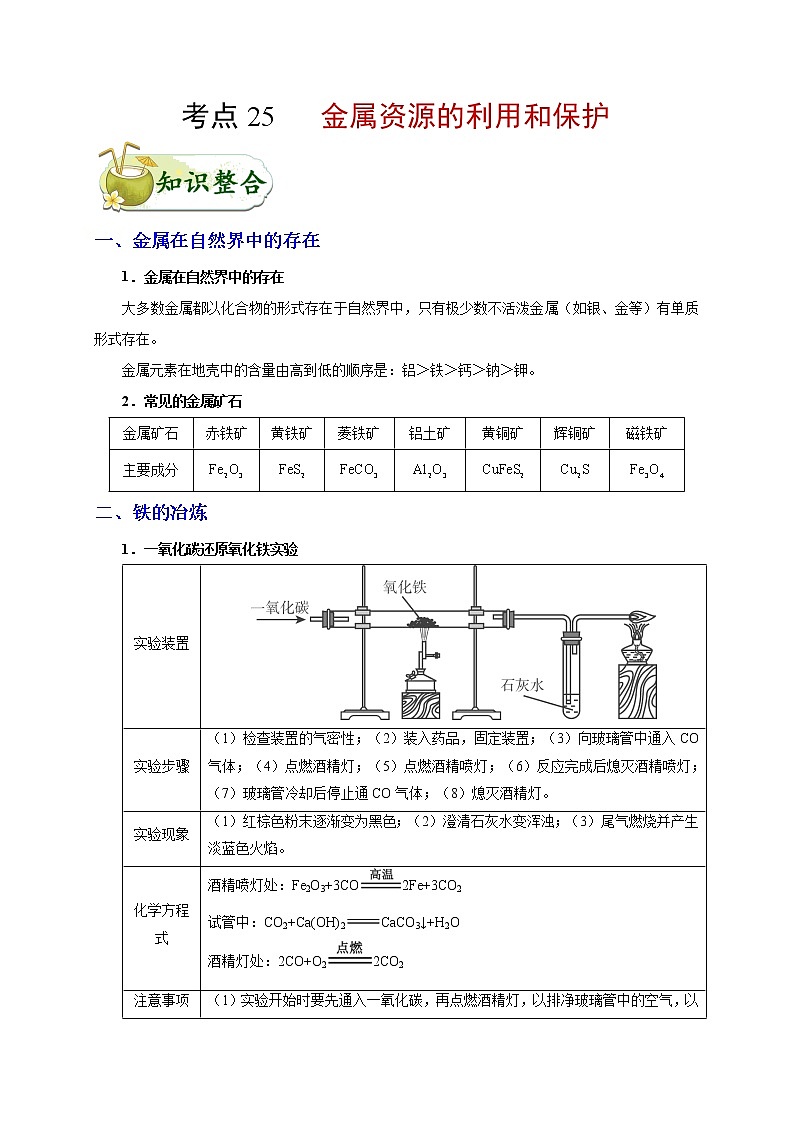 初中化学中考复习 考点25 金属资源的利用和保护-备战2020年中考化学考点一遍过第1页