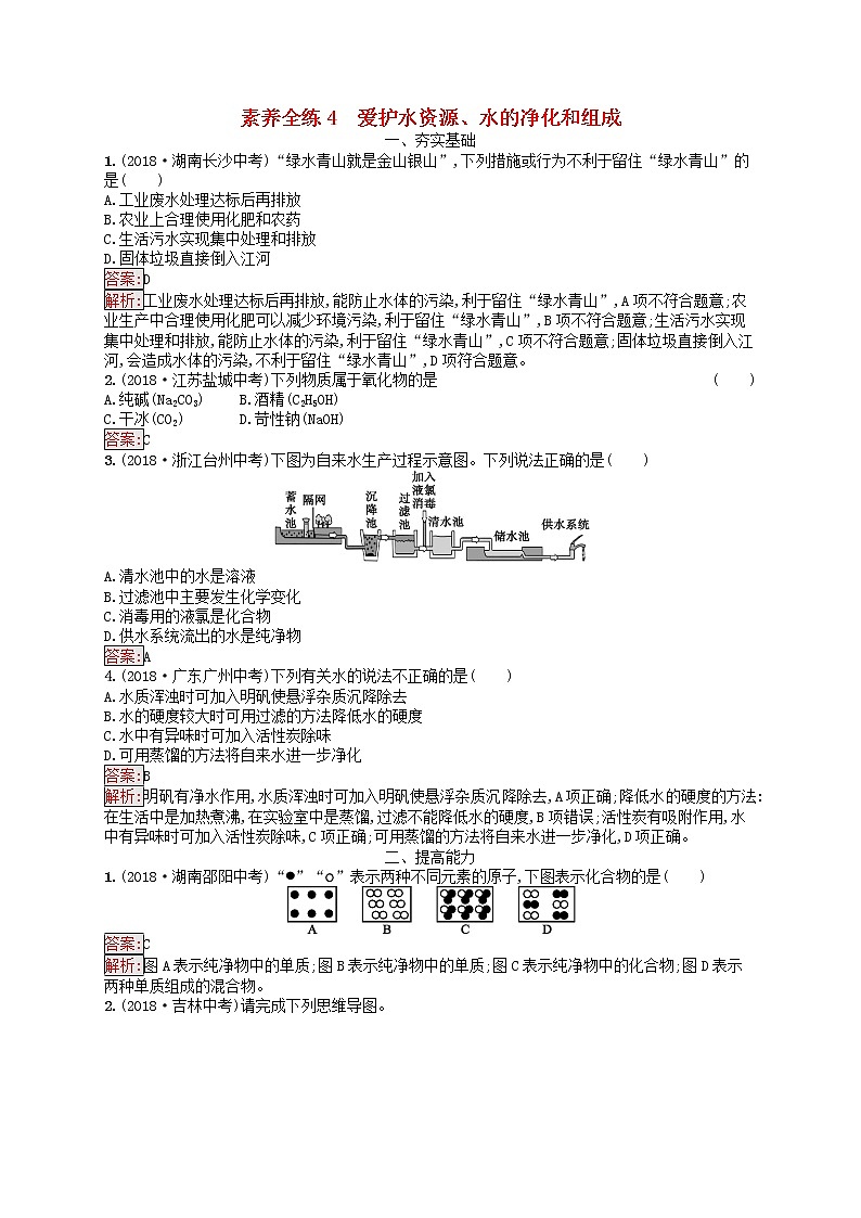 初中化学中考复习 课标通用中考化学总复习素养全练4爱护水资源水的净化和组成第1页