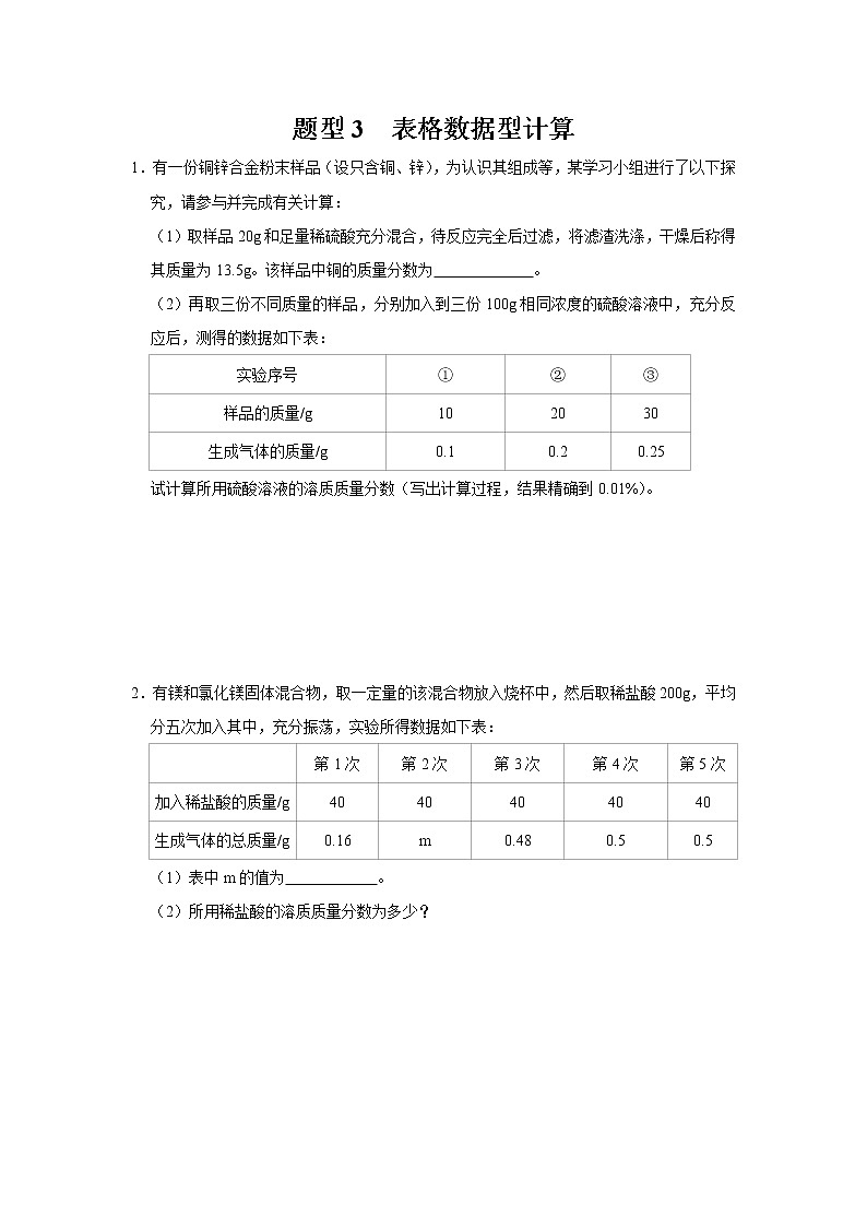 初中化学中考复习 题型3 表格数据型计算-备战2020年中考化学计算题型特训（原卷版）第1页