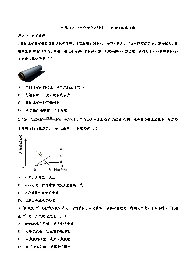 初中化学中考复习 迎战2020中考化学专题训练——碳和碳的化合物第1页