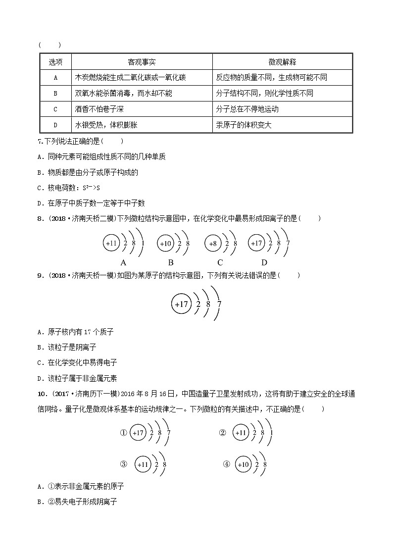 初中化学中考复习 中考化学总复习第四讲物质构成的奥秘好题随堂演练第2页