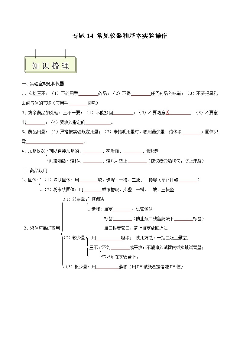 专题14 常见仪器和基本实验操作- 决胜2023年中考化学一轮地毯式复习（全国通用）（无答案）01