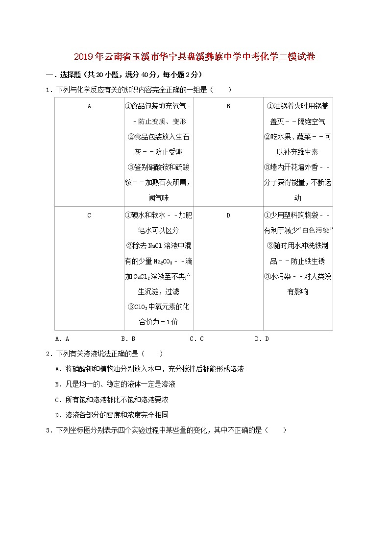 初中化学中考复习 云南省玉溪市华宁县盘溪彝族中学2019年中考化学二模试卷（含解析）01