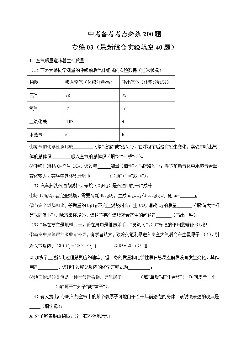 初中化学中考复习 专练03（最新综合实验填空40题）-2022年中考化学备考考点必杀200题（解析版）第1页