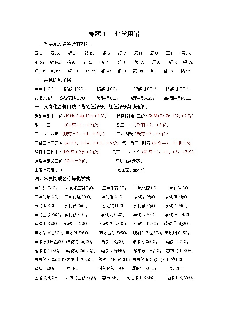 初中化学中考复习 专题01 化学用语-【口袋书】中考化学必背知识手册（全国通用）第1页