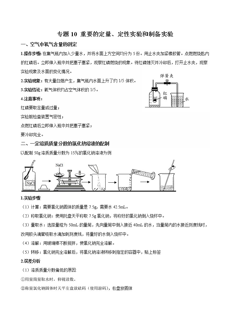 初中化学中考复习 专题10 重要的定量、定性实验和制备实验-【口袋书】中考化学必背知识手册（全国通用）第1页