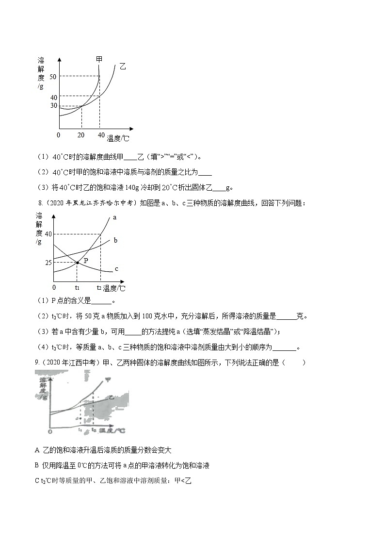 初中化学中考复习 专题12 溶液-2020年中考真题化学分项汇编（原卷版）03