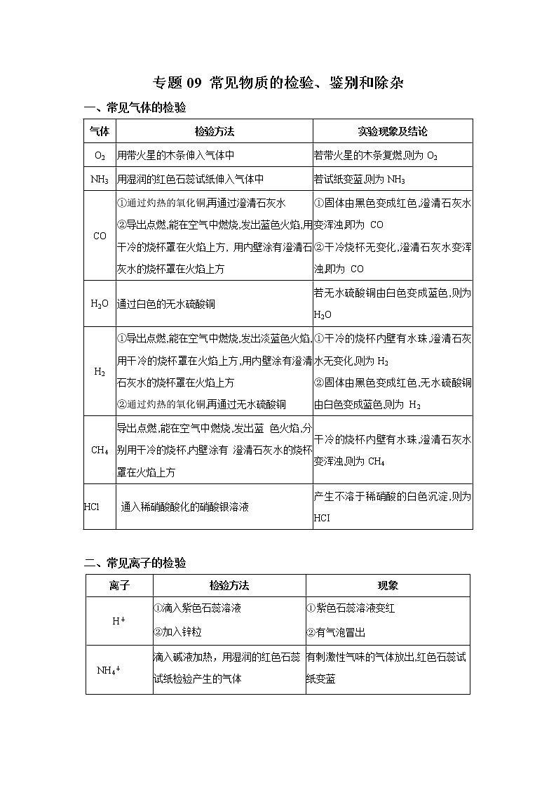 初中化学中考复习 专题09 常见物质的检验、鉴别和除杂-【口袋书】中考化学必背知识手册（全国通用）01