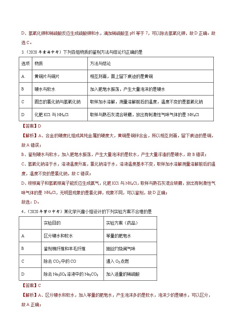 初中化学中考复习 专题18 物质的检验、鉴别与除杂-2020年中考真题化学分项汇编（解析版）第2页