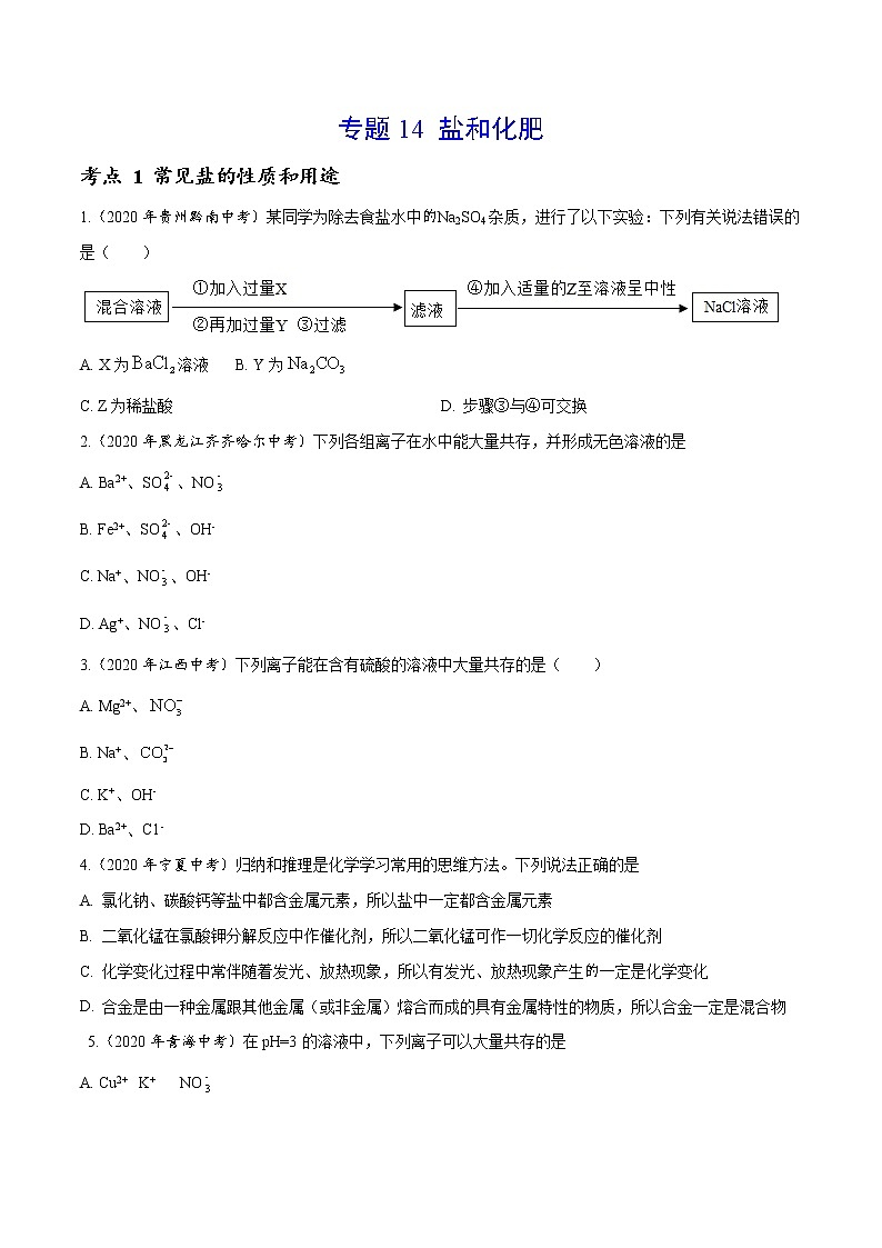 初中化学中考复习 专题14 盐和化肥-2020年中考真题化学分项汇编（原卷版）01