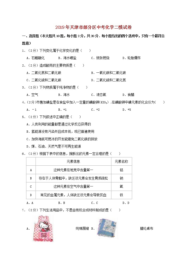 初中化学中考复习 天津市部分区2019年中考化学二模试卷（含解析）第1页
