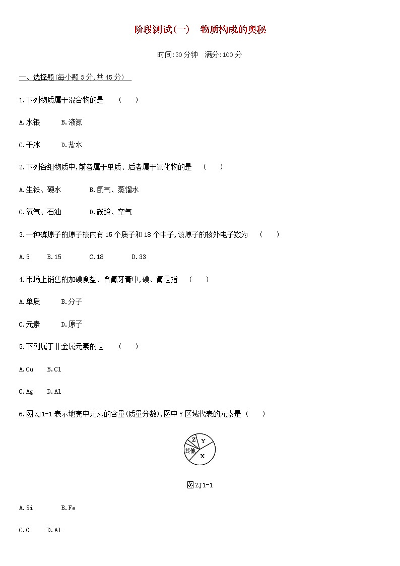 初中化学中考复习 中考化学总复习主题一物质构成的奥秘阶段测试01物质构成的奥秘练习第1页
