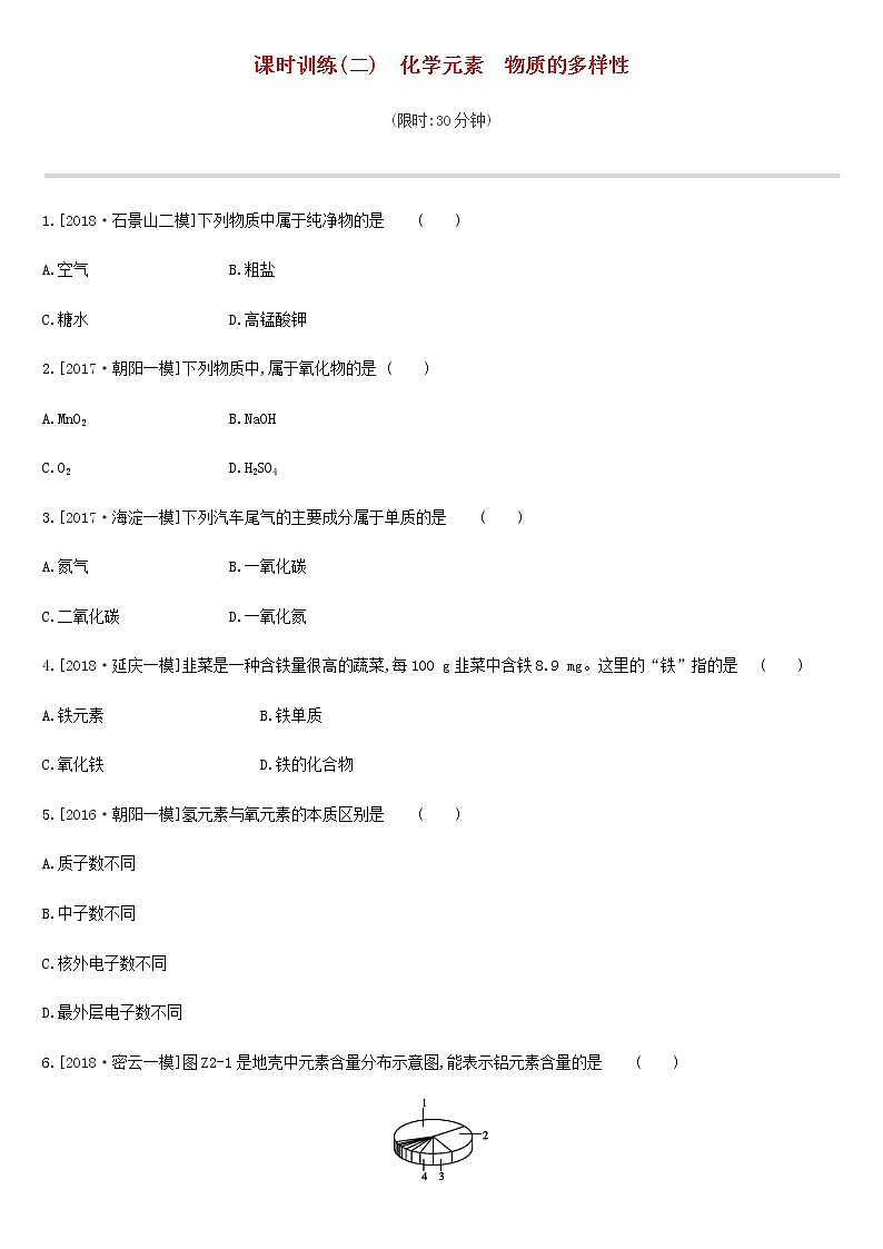 初中化学中考复习 中考化学总复习主题一物质构成的奥秘课时训练02化学元素物质的多样性练习第1页
