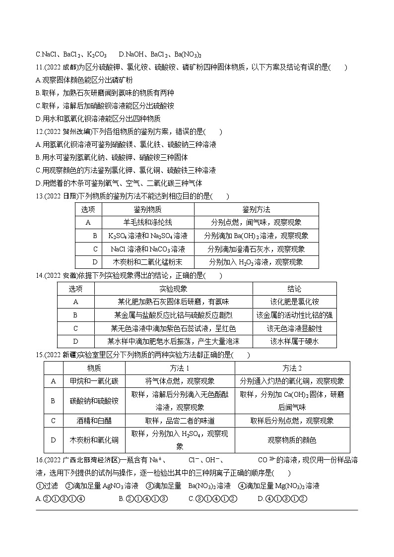 2023年中考化学一轮基础知识专题练习 专题十九  物质的共存、检验与鉴别、分离与除杂（无答案）第2页