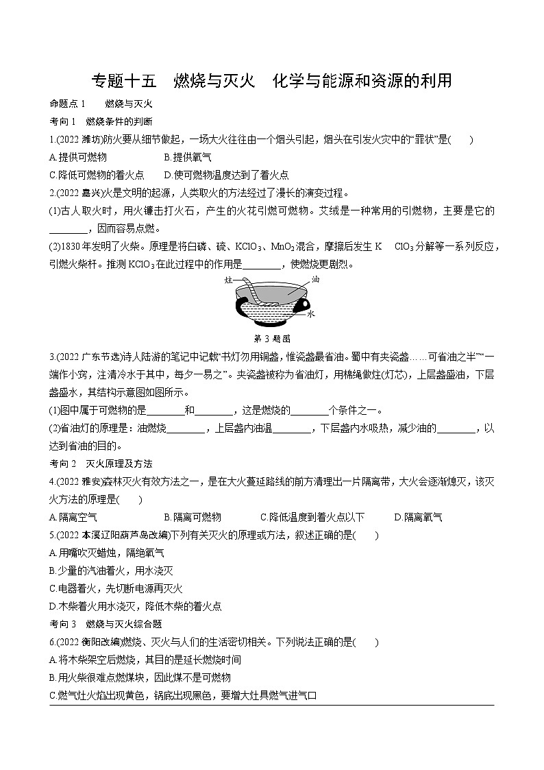 2023年中考化学一轮基础知识专题练习 专题十五  燃烧与灭火  化学与能源和资源的利用（无答案）第1页