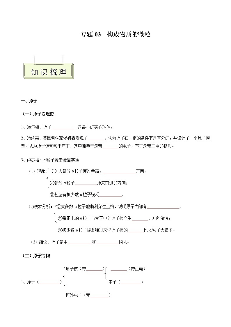 专题03 构成物质的微粒- 决胜2023年中考化学一轮地毯式复习（全国通用）（原卷版）第1页