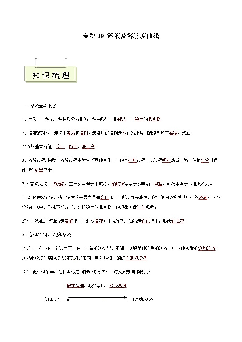 专题09 溶液及溶解度曲线- 决胜2023年中考化学一轮地毯式复习（全国通用）（解析版）第1页