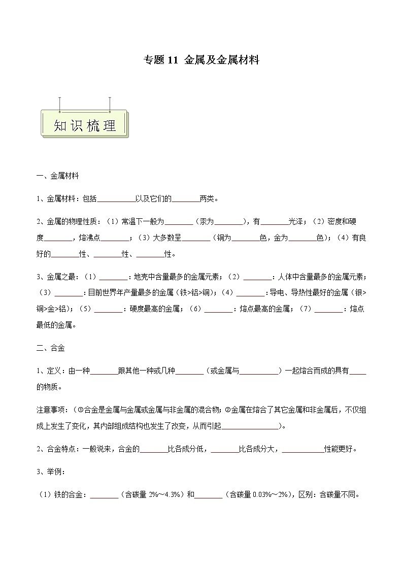 专题11 金属及金属材料- 决胜2023年中考化学一轮地毯式复习（全国通用）（原卷版）第1页