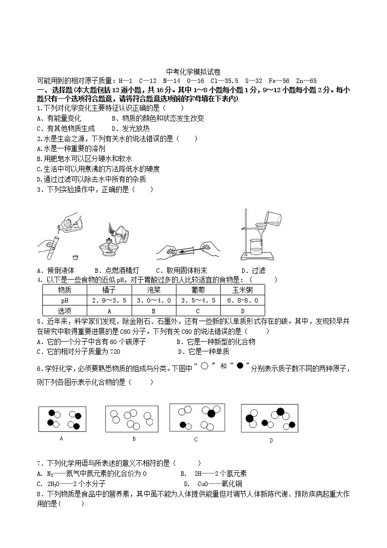 人教版化学九年级下  中考化学模拟试卷1第1页