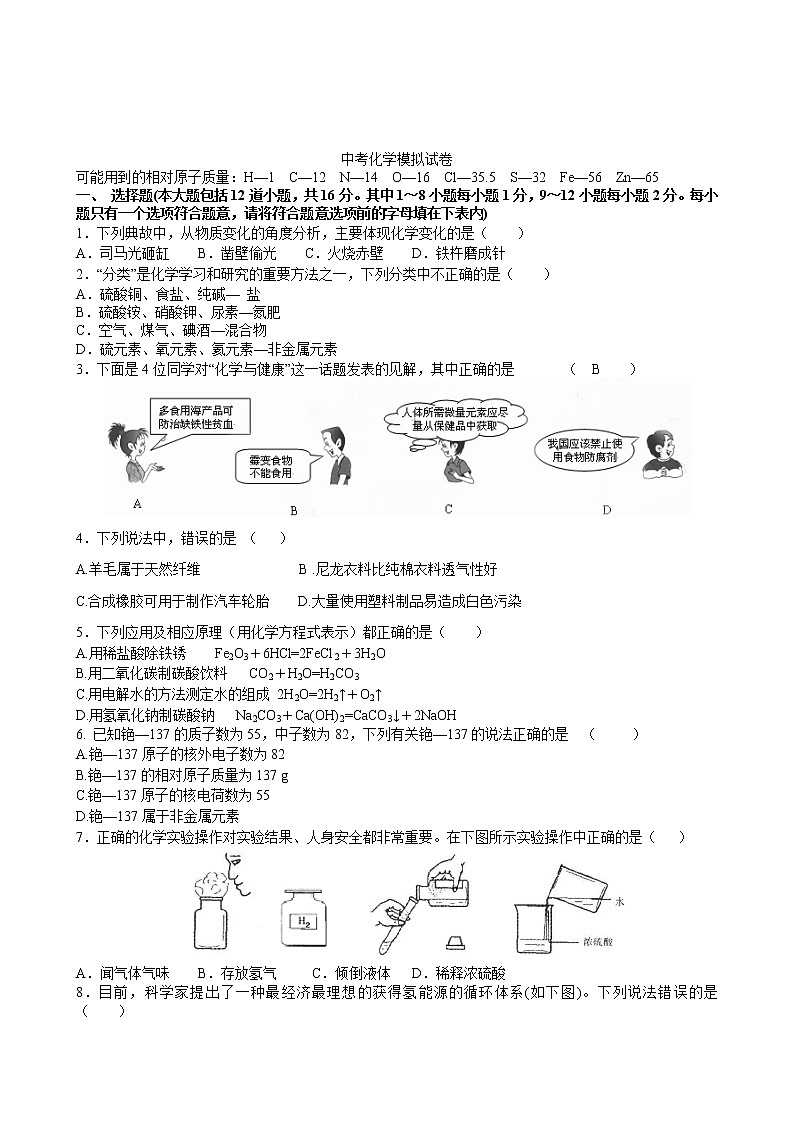 人教版化学九年级下  中考化学模拟试卷2第1页