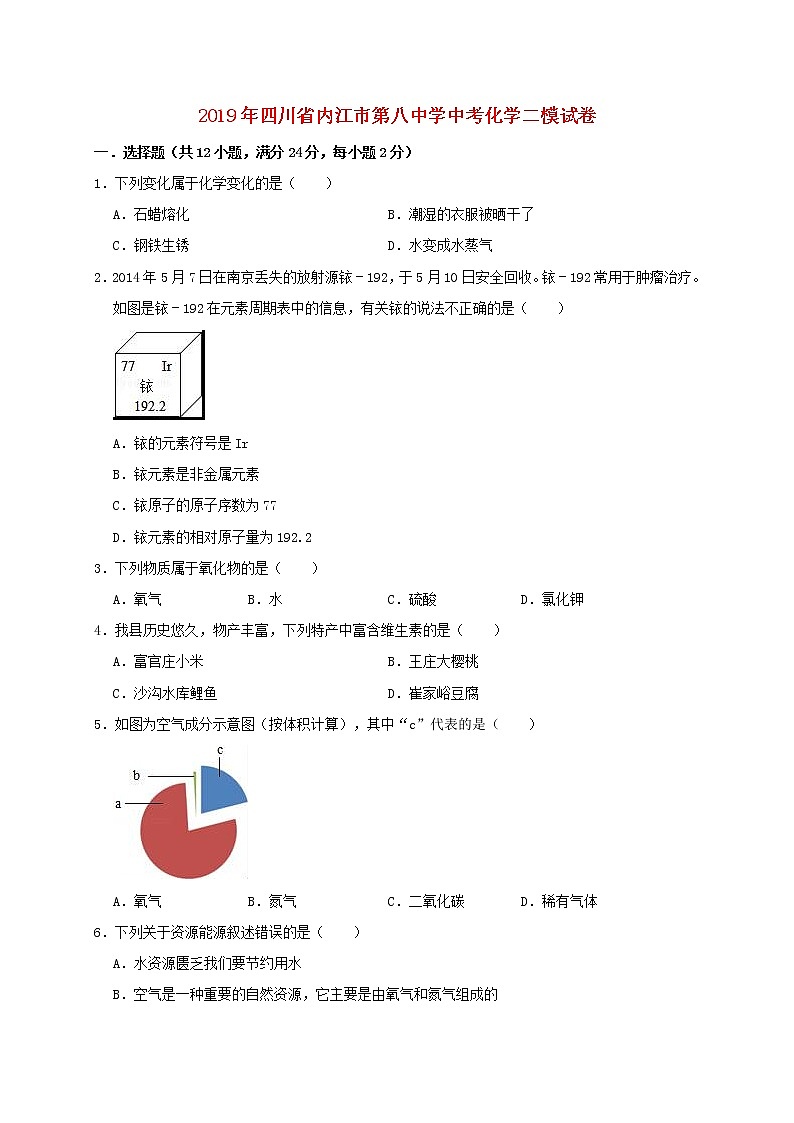 初中化学中考复习 四川省内江市第八中学2019年中考化学二模试卷（含解析）第1页