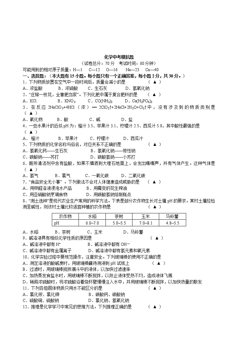 人教版化学九年级下 中考化学模拟试卷13第1页