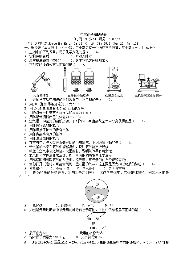 人教版化学九年级下 中考化学模拟试卷18第1页