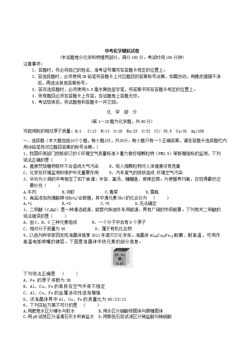 人教版化学九年级下 中考化学模拟试卷27第1页