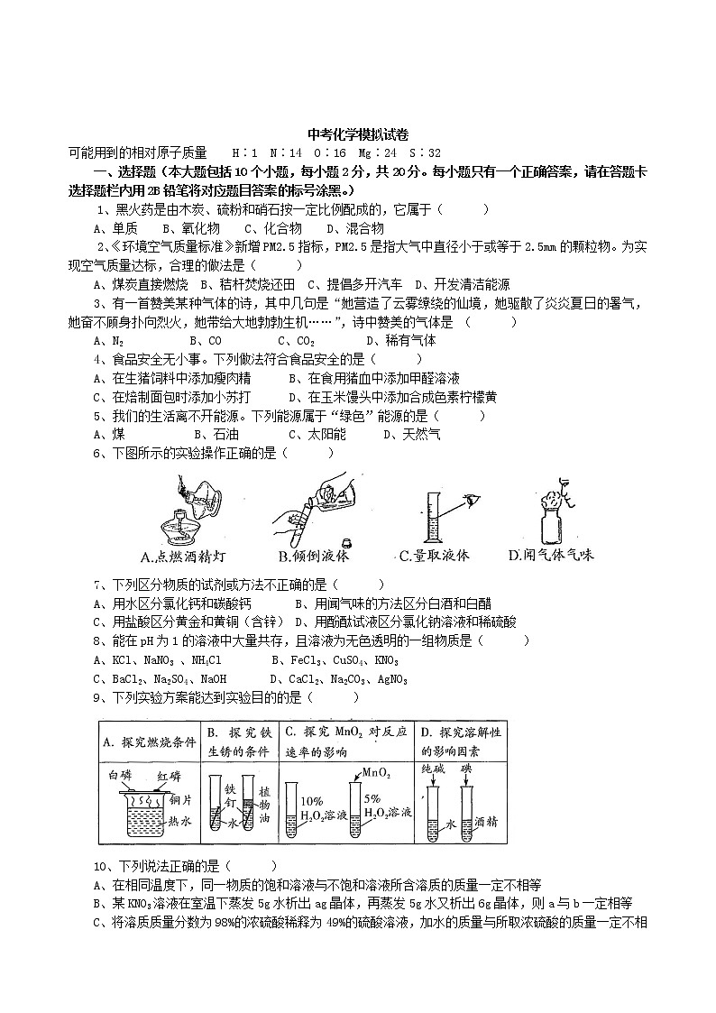 人教版化学九年级下 中考化学模拟试卷28第1页