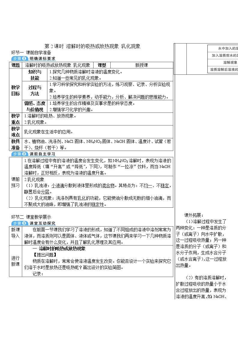 第九单元 溶液 课题1 溶液的形成 第2课时 溶解时的吸热或放热现象 乳化现象 课件+教案+导学案+素材01