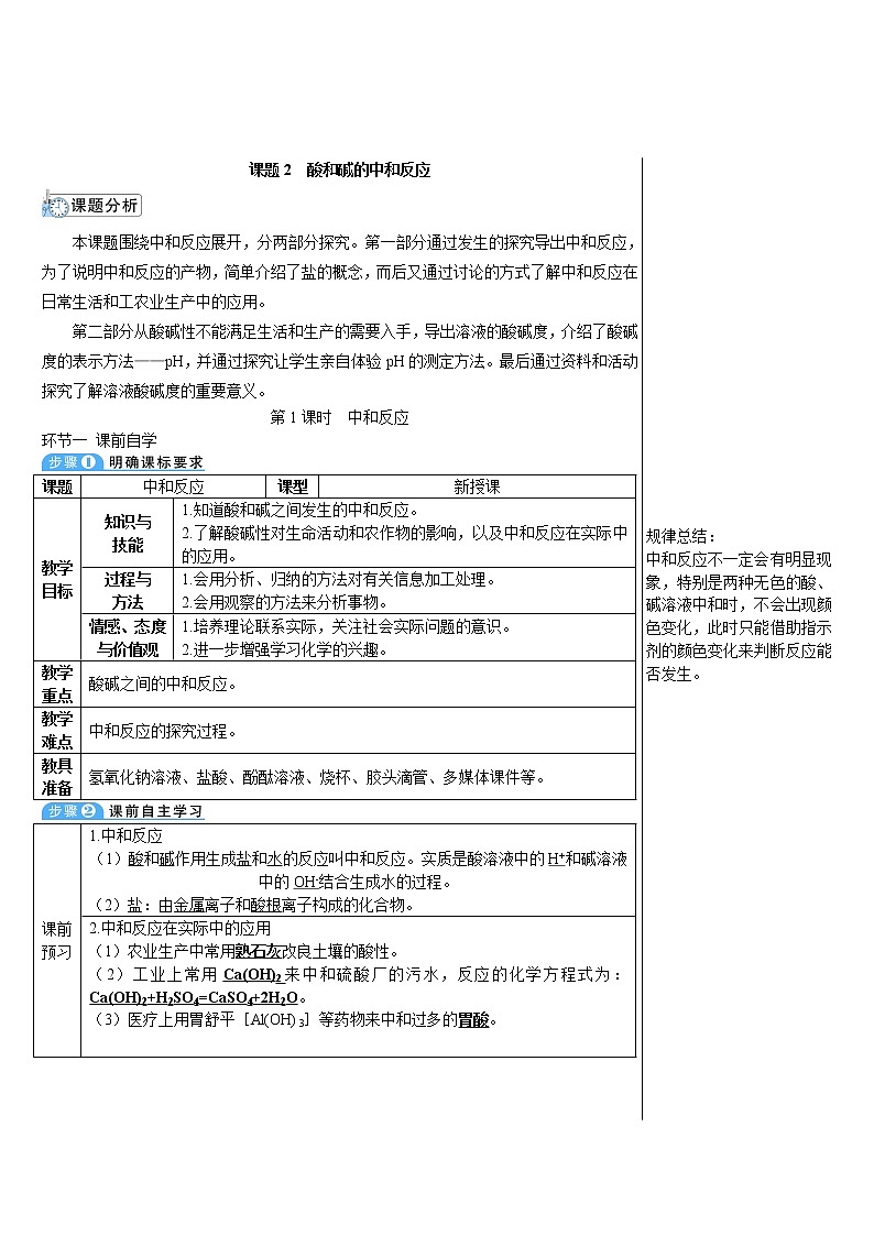 第十单元 酸和碱 课题2 酸和碱的中和反应 第一课时 中和反应 课件+教案+导学案+素材01