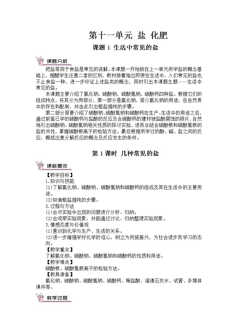 第十一单元 盐 化肥 课题1 生活中常见的盐 第1课时 常见的盐 课件+教案+导学案+素材01