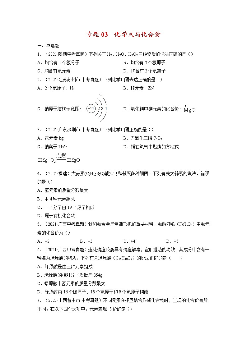 专题03  化学式与化合价【考点巩固】—【中考高分导航】备战2023年中考化学考点总复习（全国通用）（原卷版）第1页
