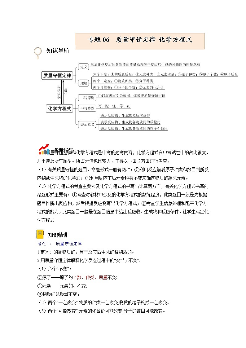 专题06  质量守恒定律 化学方程式【考点精讲】—【中考高分导航】备战2023年中考化学考点总复习（全国通用）（原卷版）第1页