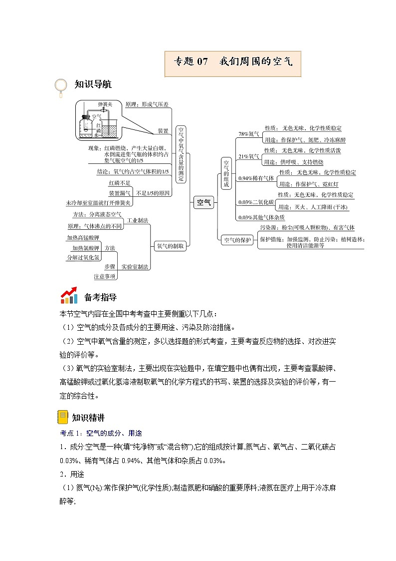 专题07  我们周围的空气【考点精讲】—【中考高分导航】备战2023年中考化学考点总复习（全国通用）（原卷版）第1页