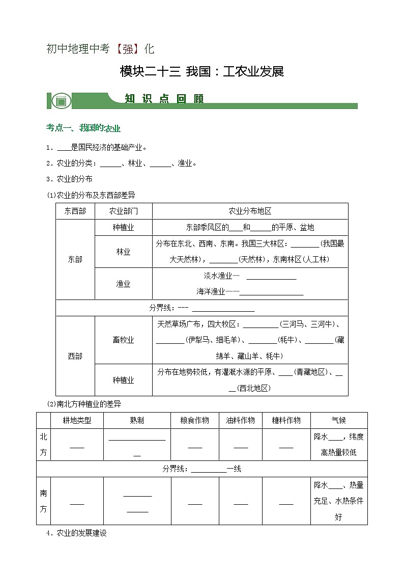 【备战中考】  初中地理强化学案 模块23：我国：工农业发展 （含答案解析）01