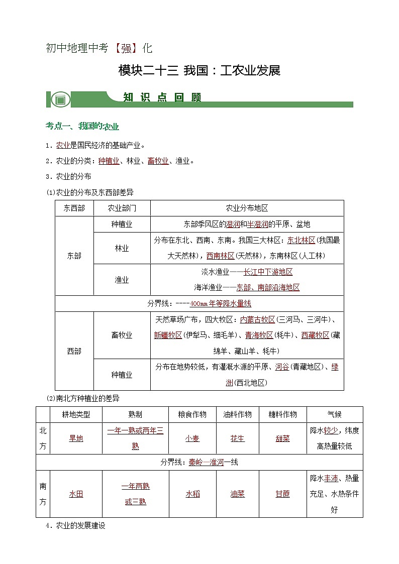 【备战中考】  初中地理强化学案 模块23：我国：工农业发展 （含答案解析）01