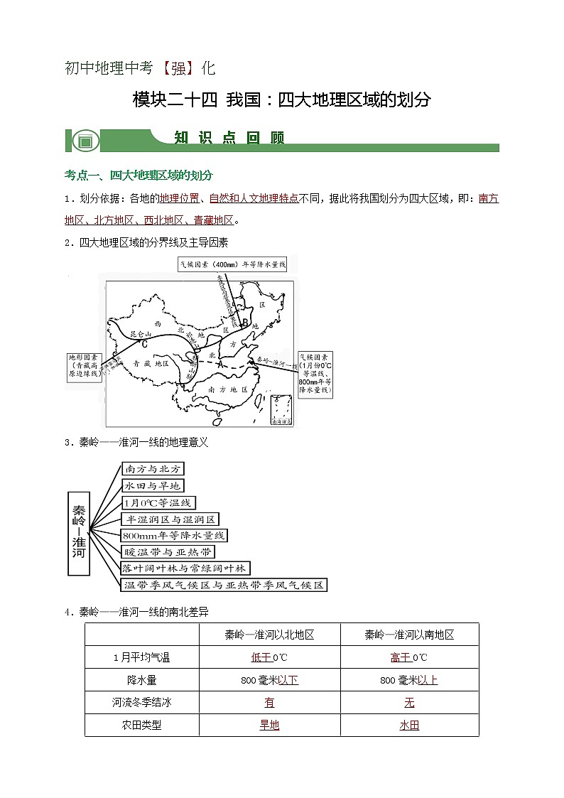 【备战中考】  初中地理强化学案 模块24：我国：四大地理区域的划分  （含答案解析）01