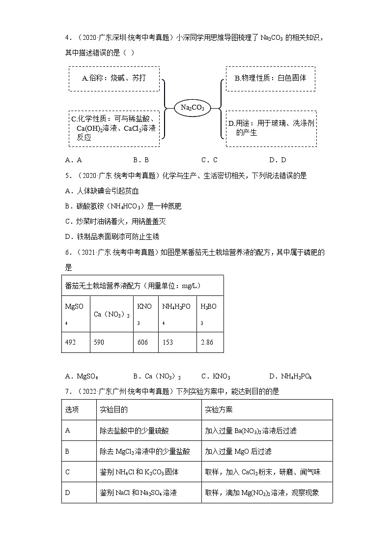 2020-2022广东省中考化学三年真题知识点分类汇编18-常见盐、化学肥料（含解析）02