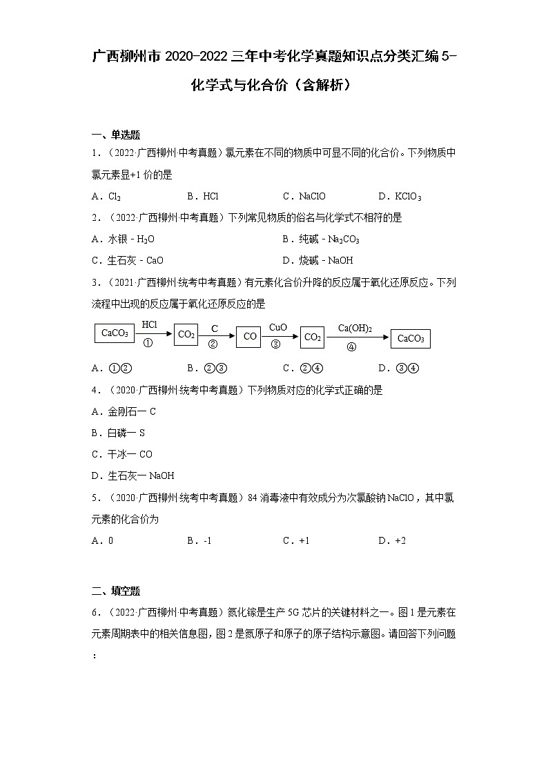 2020-2022广西柳州市中考化学三年真题知识点分类汇编5-化学式与化合价（含解析）01